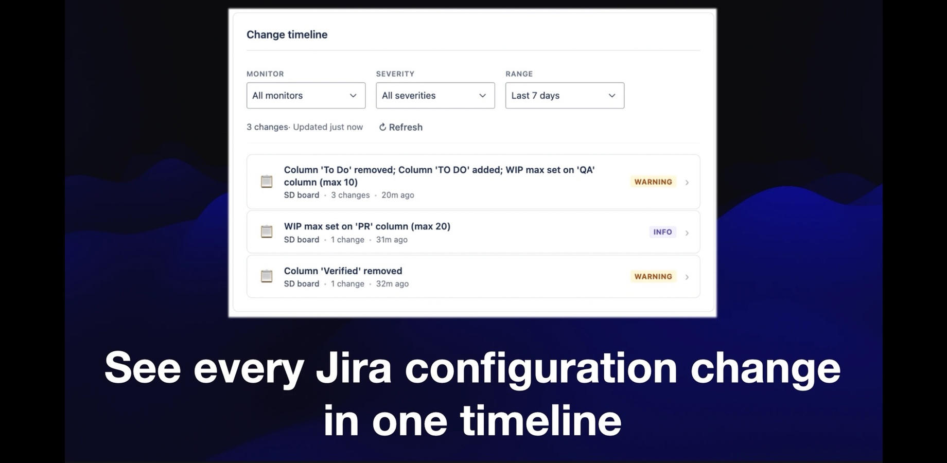 DriftGuard screenshot from the Atlassian Marketplace listing showing Jira board and filter drift monitoring.