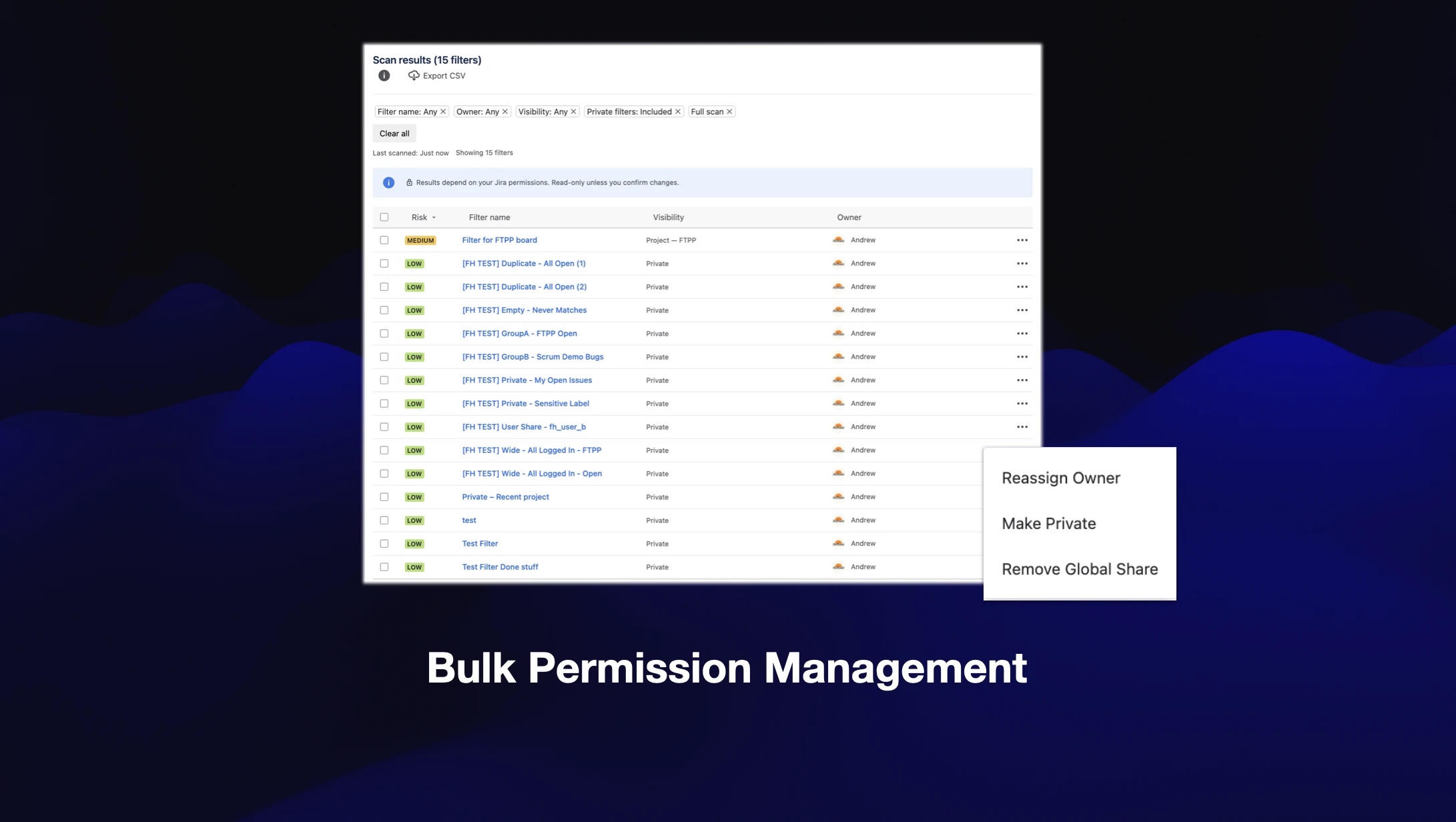 Filter Hygiene screenshot from the Atlassian Marketplace listing showing saved filter cleanup and audit controls.