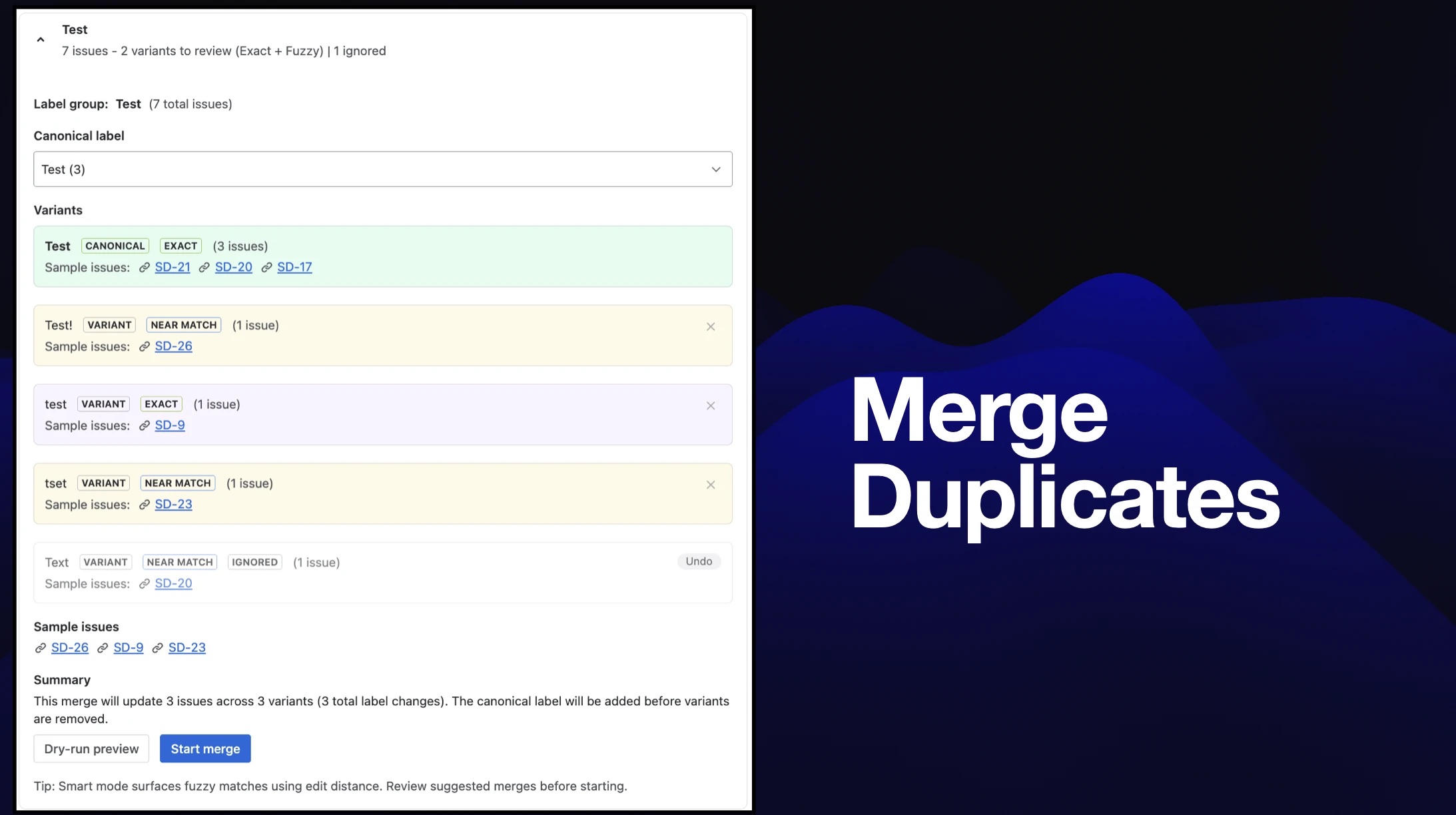 Label Doctor screenshot from the Atlassian Marketplace listing showing Jira label cleanup and merge review workflows.