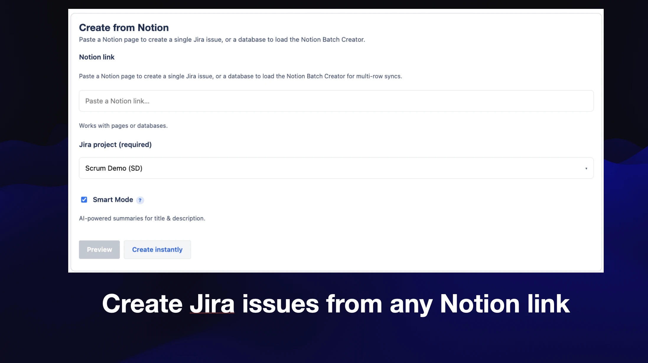 TaskPort screenshot from the Atlassian Marketplace listing showing Notion-to-Jira issue creation mapping and preview controls.