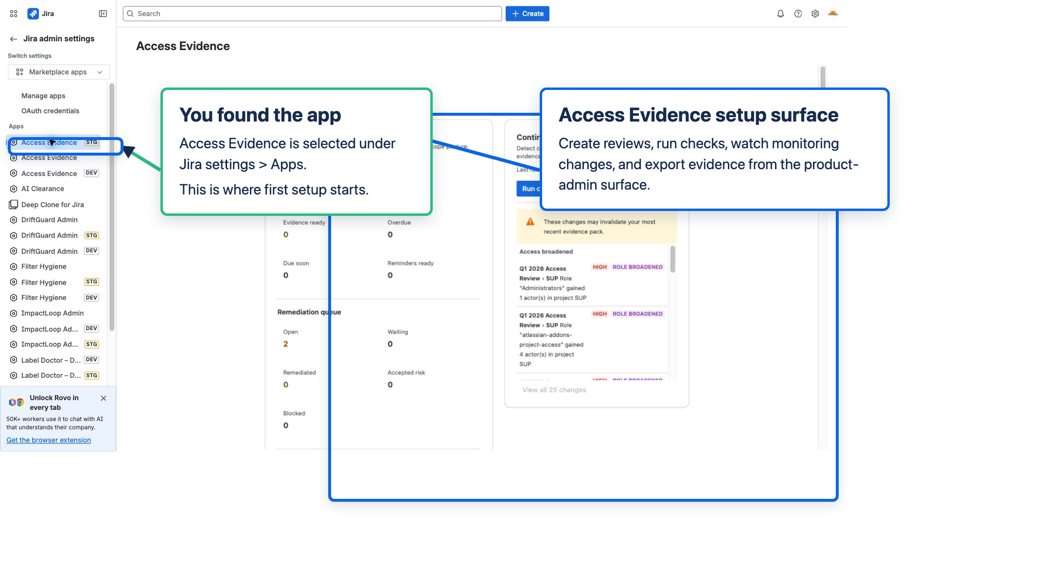 Access Evidence setup surface showing Create new review, review command center, continuous monitoring, and Run checks controls.