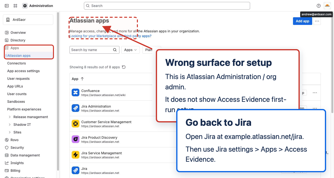 Atlassian Administration Apps page marked as the wrong surface for Access Evidence first setup.