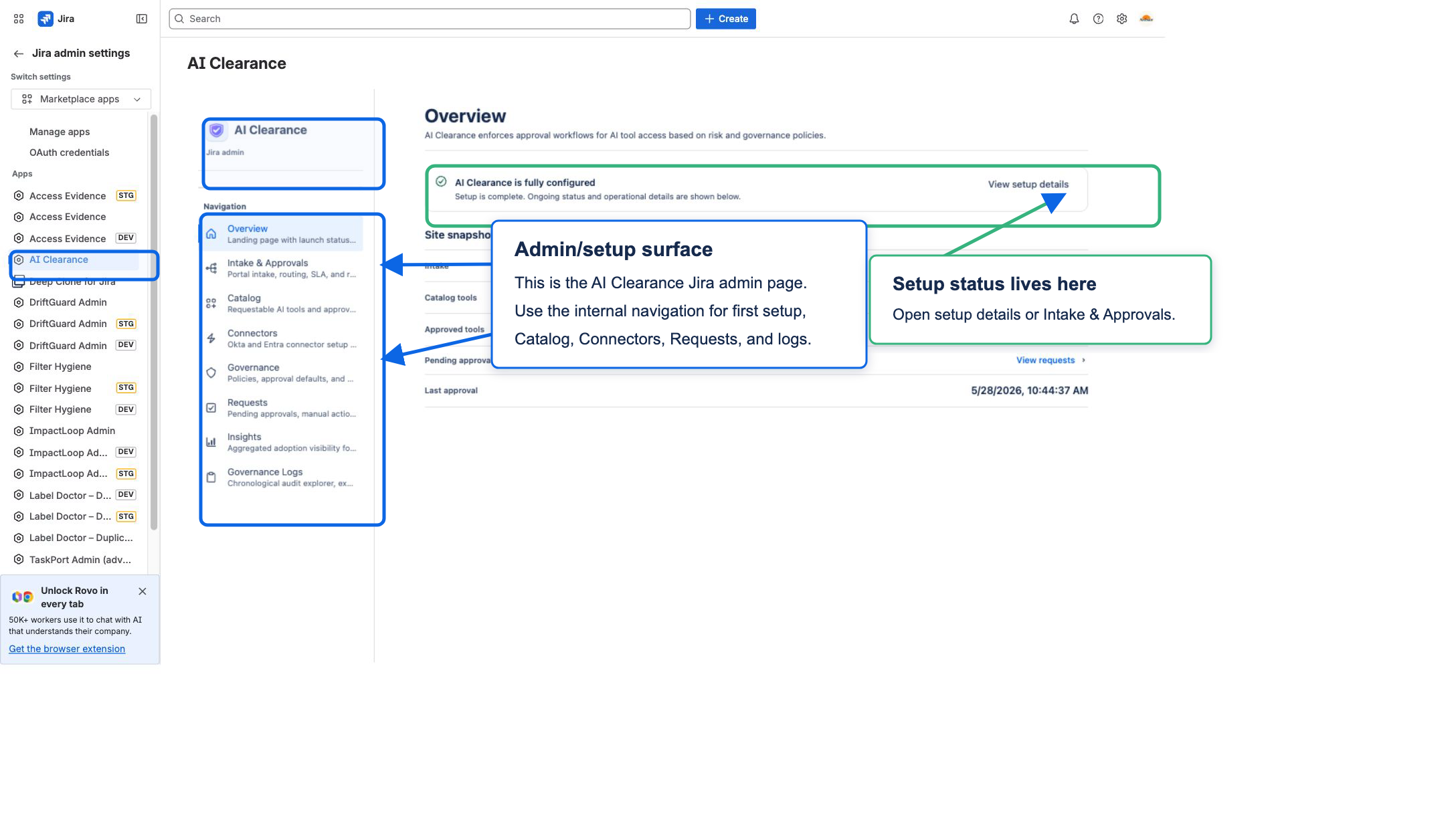 AI Clearance admin overview showing the setup and control tabs.