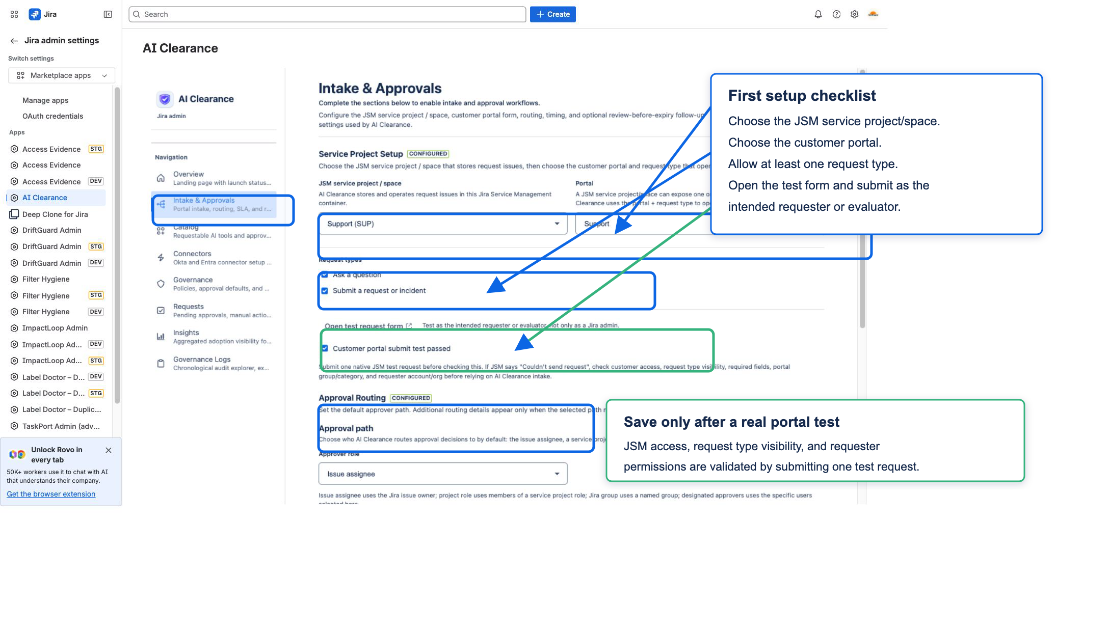 AI Clearance Intake and Approvals setup screen showing project, portal, request type, and approval routing controls.