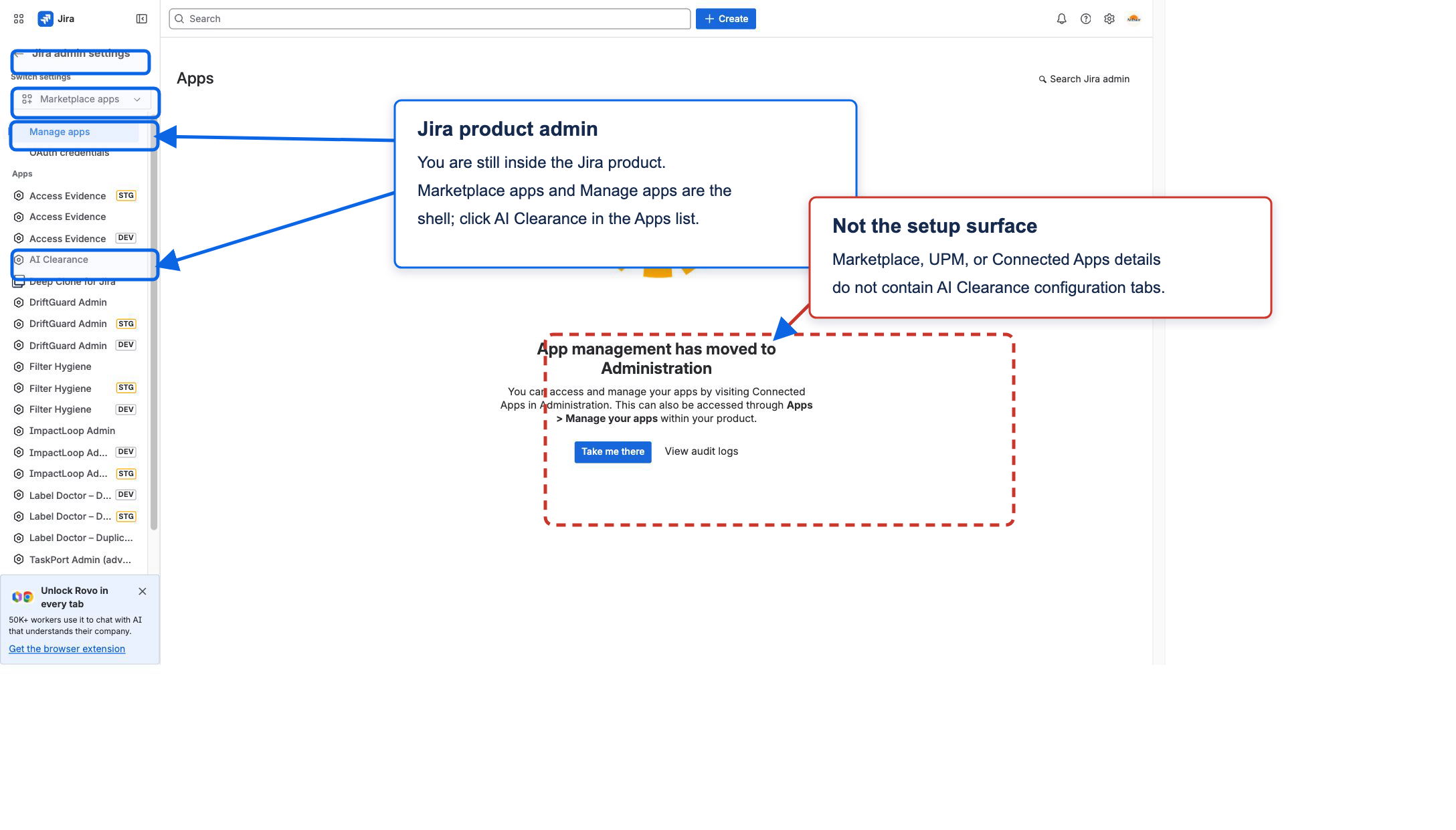 Jira admin settings showing Marketplace apps, Manage apps, and the AI Clearance admin entry.