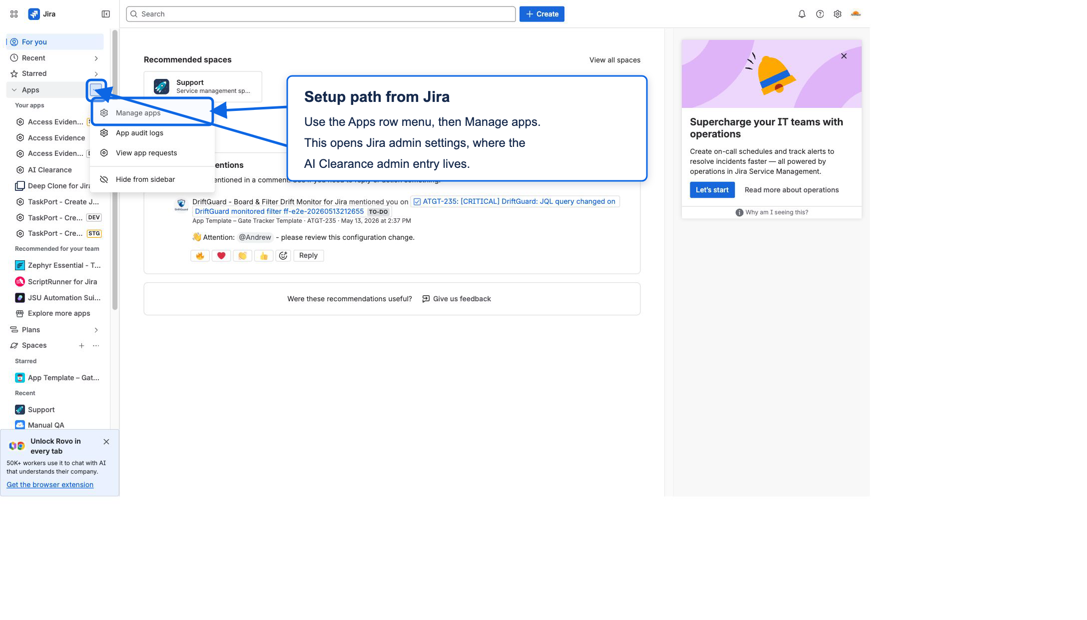 Jira Apps menu showing the Manage apps entry used to reach Jira admin settings.