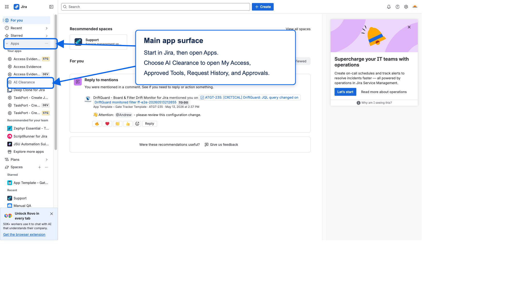 Jira Apps navigation showing where to open AI Clearance from inside the Jira product.