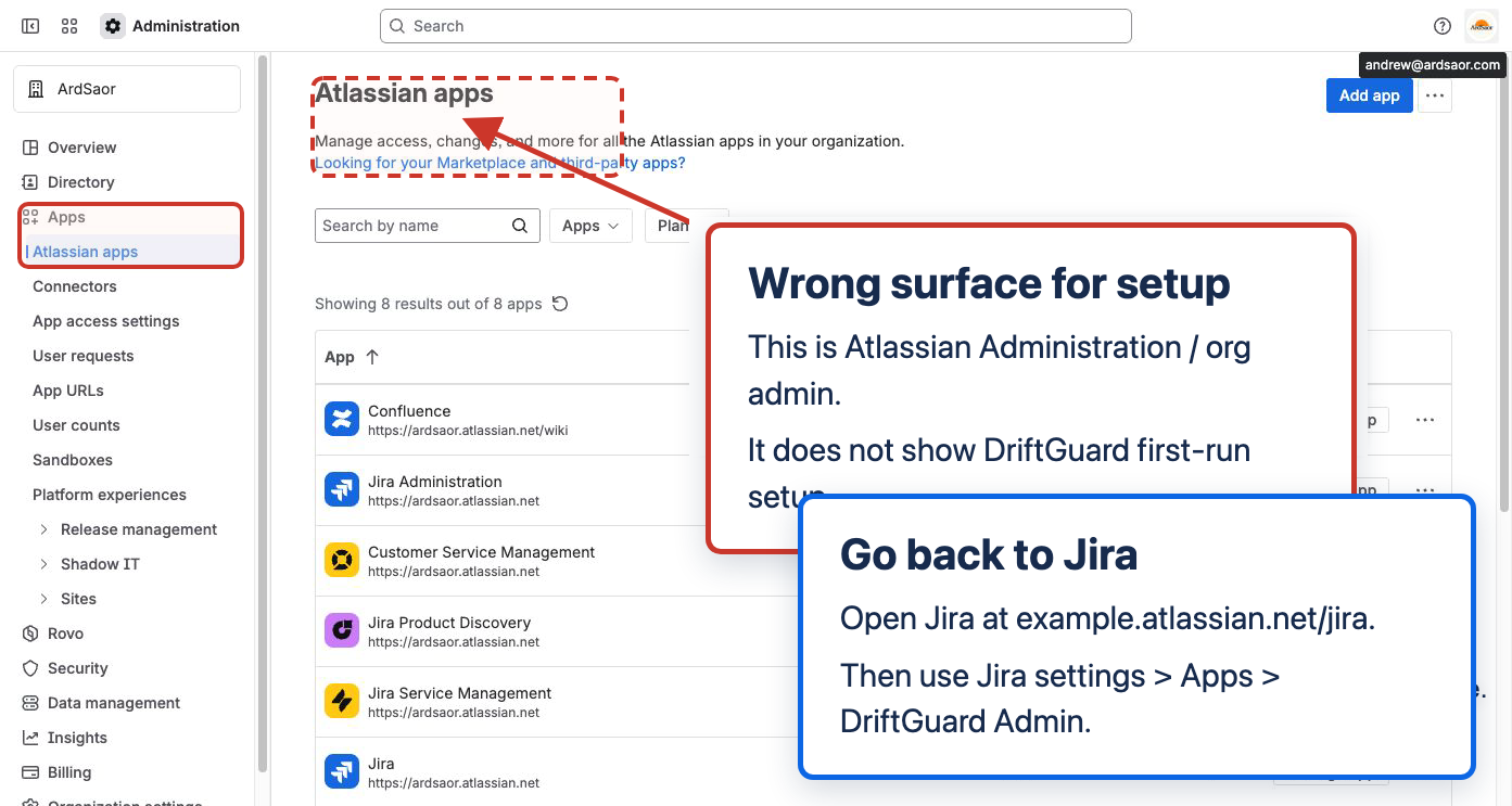 Atlassian Administration Apps page marked as the wrong surface for DriftGuard first setup.
