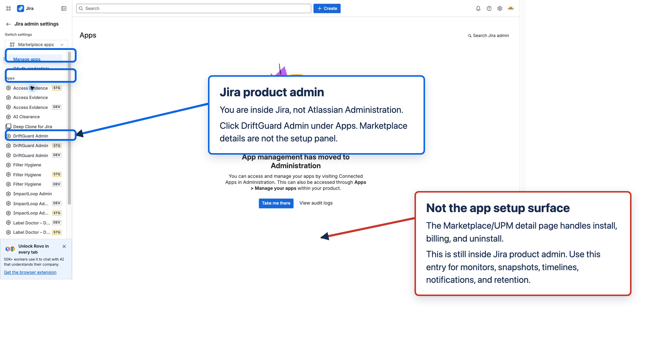 Jira product admin showing the DriftGuard Admin app entry under Apps and explaining that Marketplace details are not the setup panel.