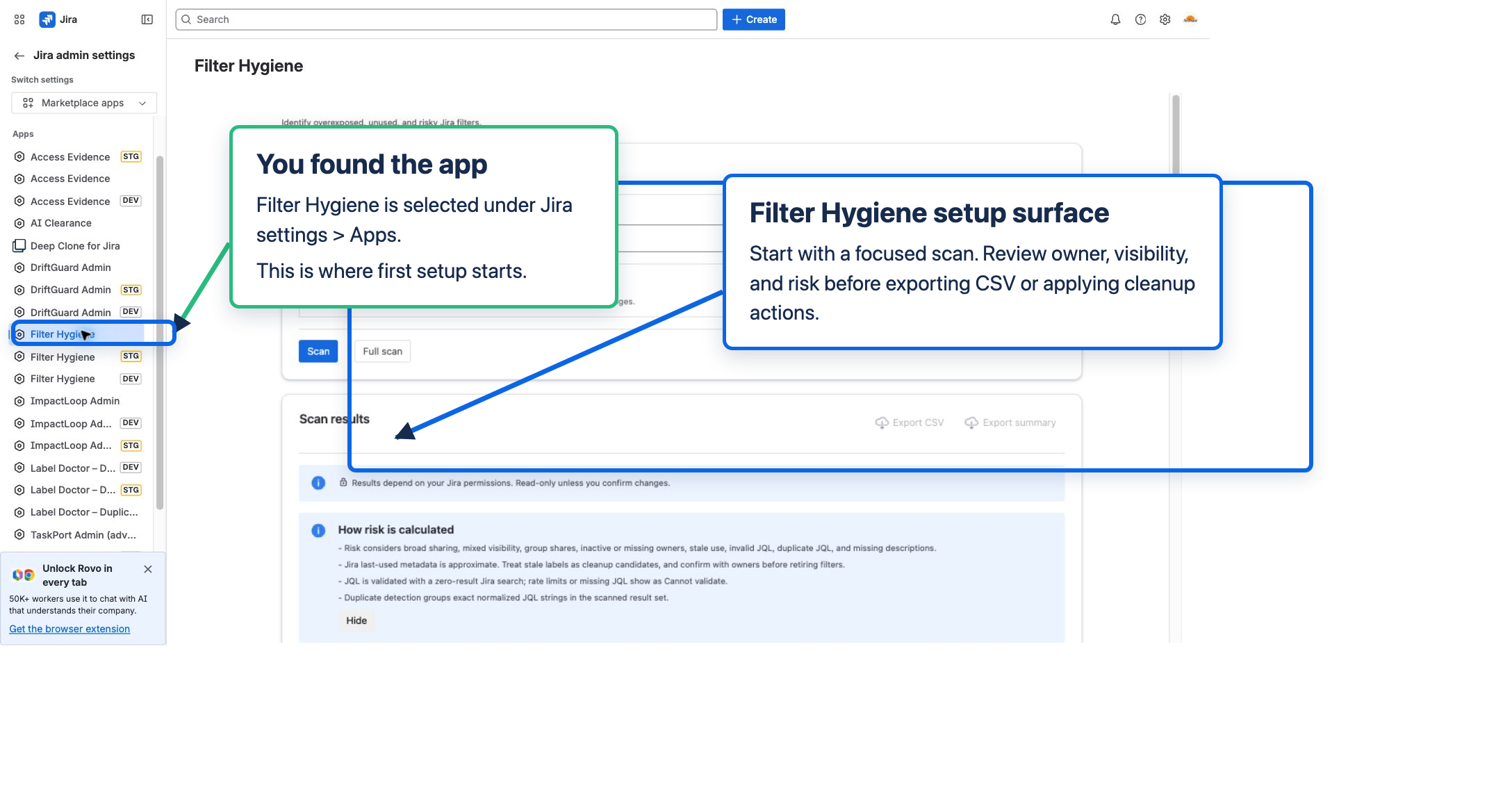Filter Hygiene setup surface showing scan settings, filter visibility and owner controls, scan actions, and CSV export controls.