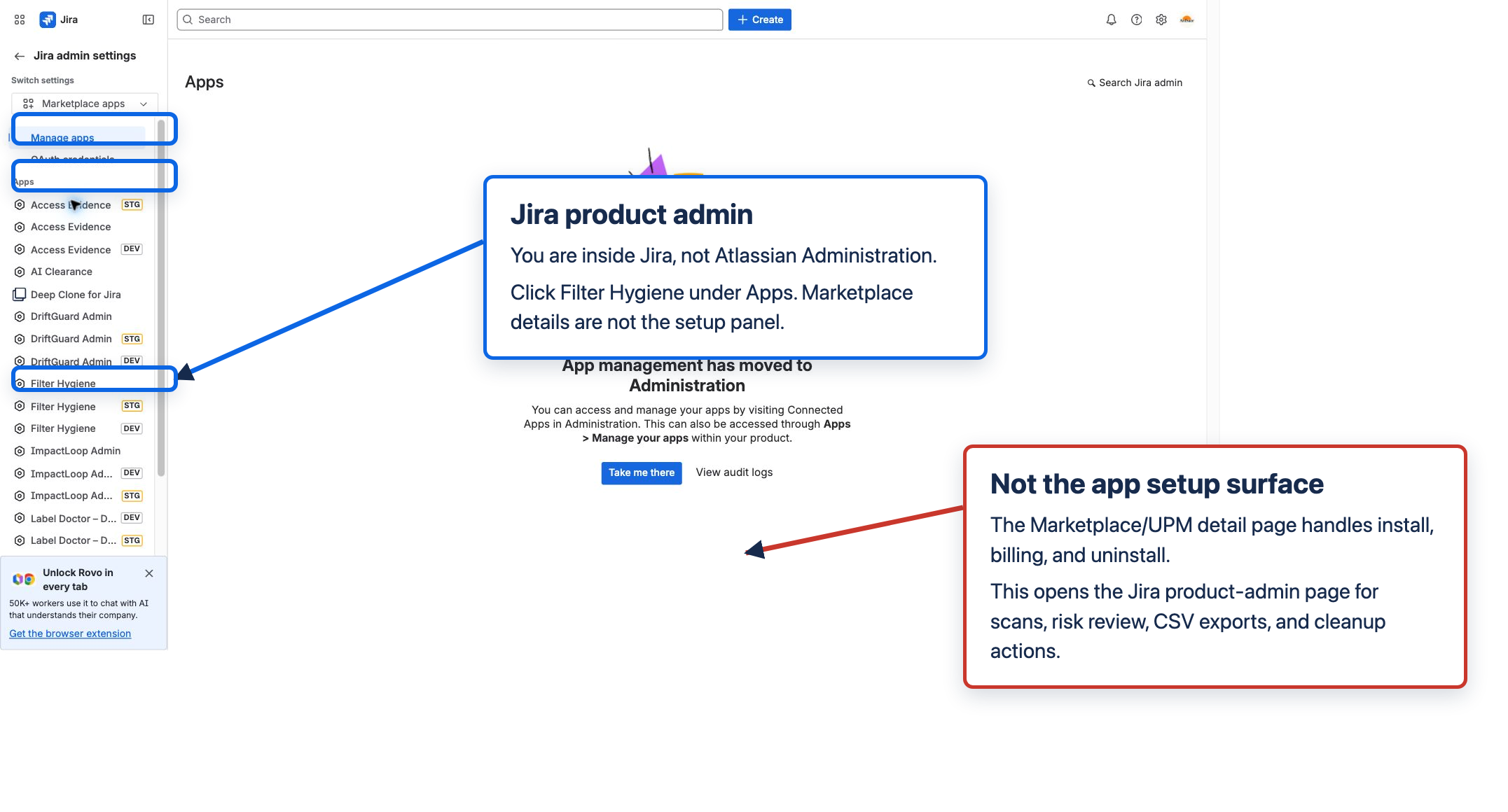 Jira product admin showing the Filter Hygiene app entry under Apps and explaining that Marketplace details are not the setup panel.