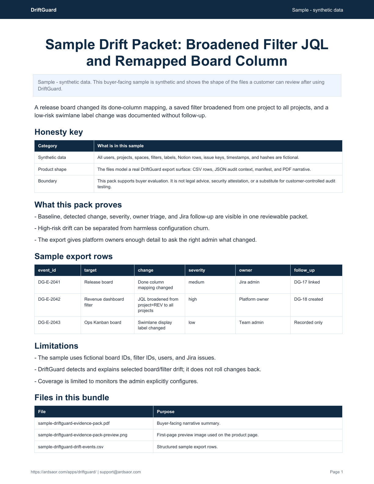 Sample pack: broadened filter JQL and remapped board column caught for triage PDF preview for DriftGuard.
