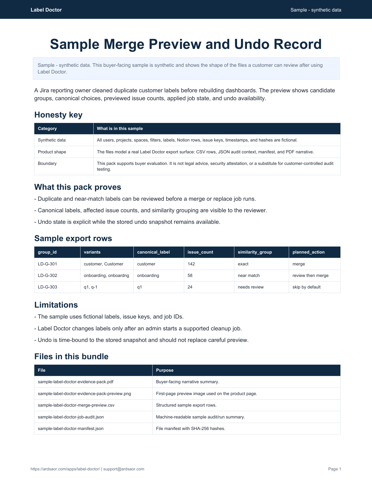 Sample merge preview and undo record PDF preview for Label Doctor.