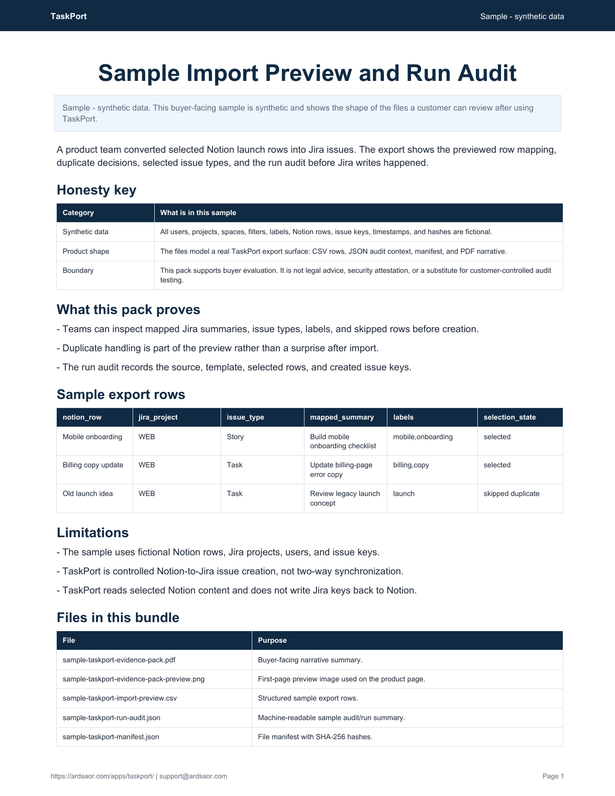 Sample import preview and run audit PDF preview for TaskPort.